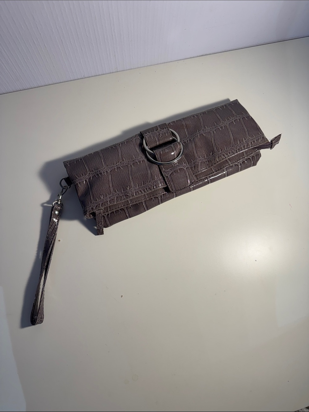 (NEW) Vintage Croc-Embossed Fold-Over Wristlet Clutch in Taupe